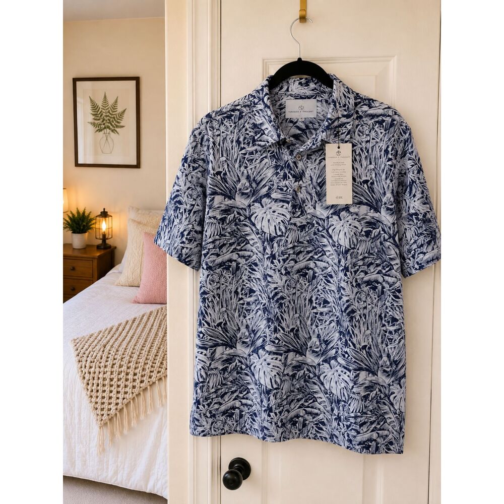 Threads 4 Thought Men's Tropical Leaf Print Polo Shirt Navy White XL NWT
